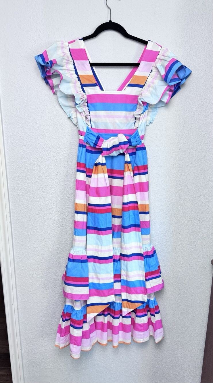 Plenty Anthropologie SZ XS Striped Tiered Ruffled Pockets Midi Dress